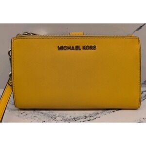 Michael Kors Jet Set Travel Double Zip Phone Case Leather Wristlet Clutch Wallet